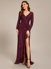 V-neck Sequin Slit Evening Dress with Ruffle Hem